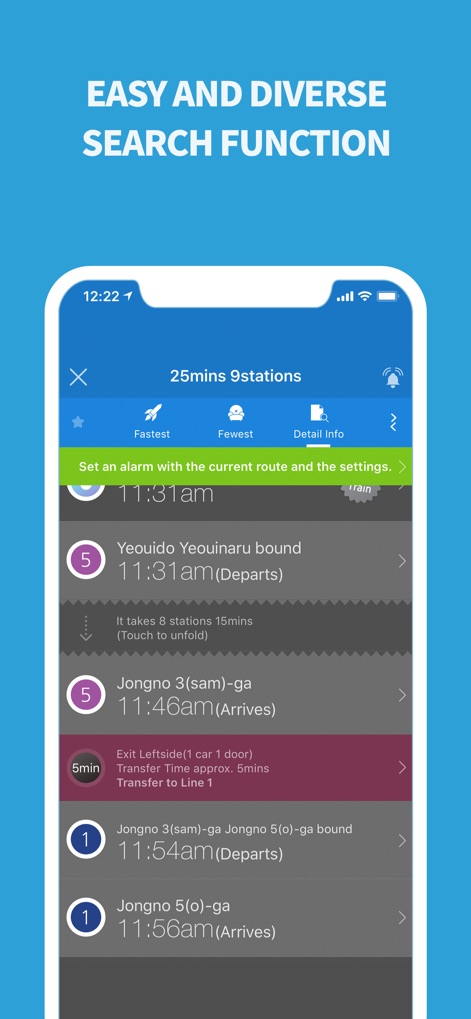 Subway Korea - Users can review comprehensive step-by-step transfer information and easily set an alarm directly from the detailed route breakdown.