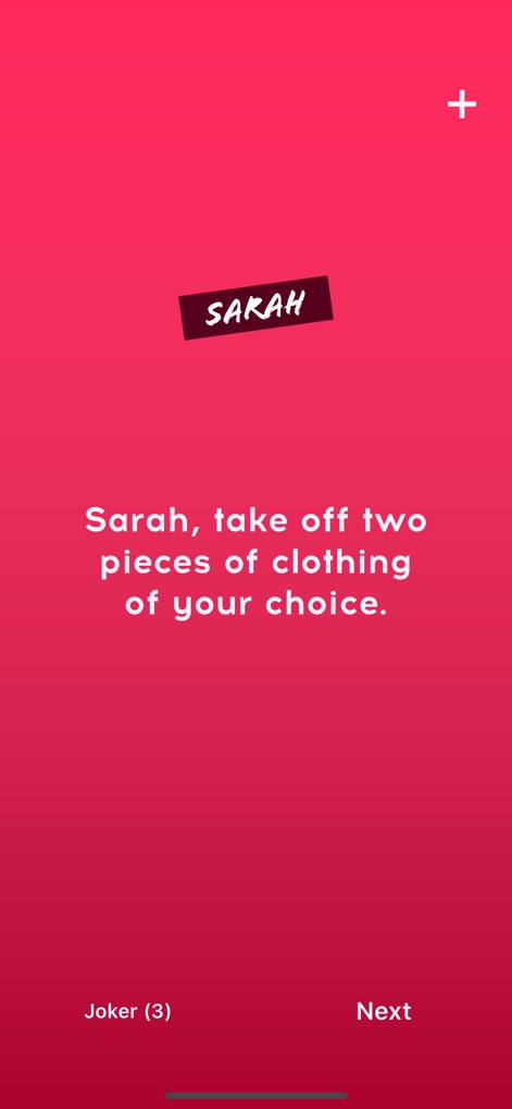 Sex & Love Game for Couple 18+ - This screen showcases a personalized dare prompt addressed to 'Sarah', alongside strategic gameplay options like the 'Joker' button for a lifeline.