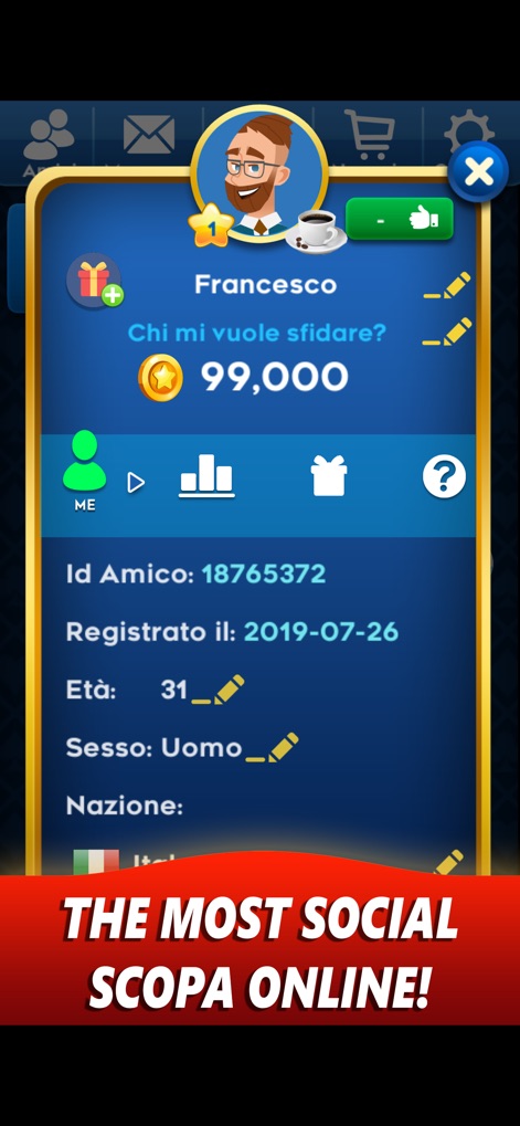 Scopa Online - Gioco di carte - Il profilo giocatore di "Francesco" mostra chiaramente il suo saldo di "99,000" monete virtuali e l'ID amico "18765372", fornendo un riepilogo dettagliato delle informazioni e dei progressi dell'utente.