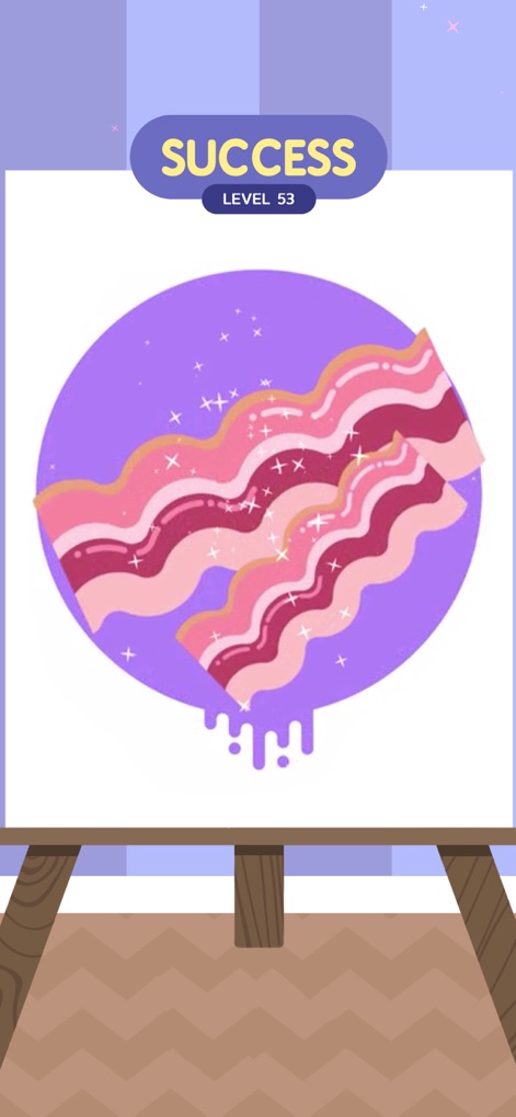 Stencil Art - Spray Masters - The app showcases diverse artwork, from savory bacon slices to intricate patterns, offering "LEVEL 53" of creative satisfaction.