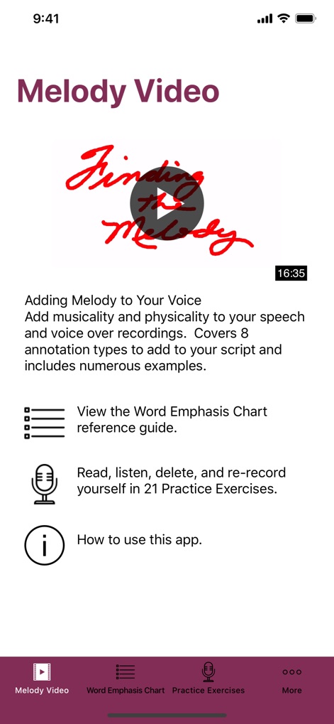 Adding Melody To Your Voice - A tela revela a seção de vídeo principal, com uma miniatura que indica um tutorial visual e opções claras para acessar o "Word Emphasis Chart" e os "Practice Exercises".