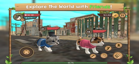 Cat Sim Online: Play With Cats - Explore the vast world alongside named companion cats, demonstrating the social multiplayer features within an intricate town environment.