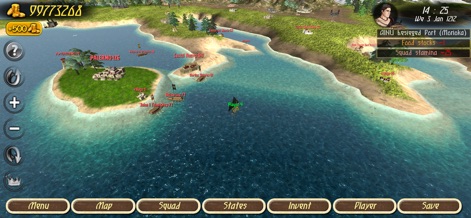 Steel And Flesh 2: New Lands - La aplicación presenta un gran mapa del mundo detallado con islas y costas, complementado por una interfaz de usuario clara y accesible en la parte inferior.