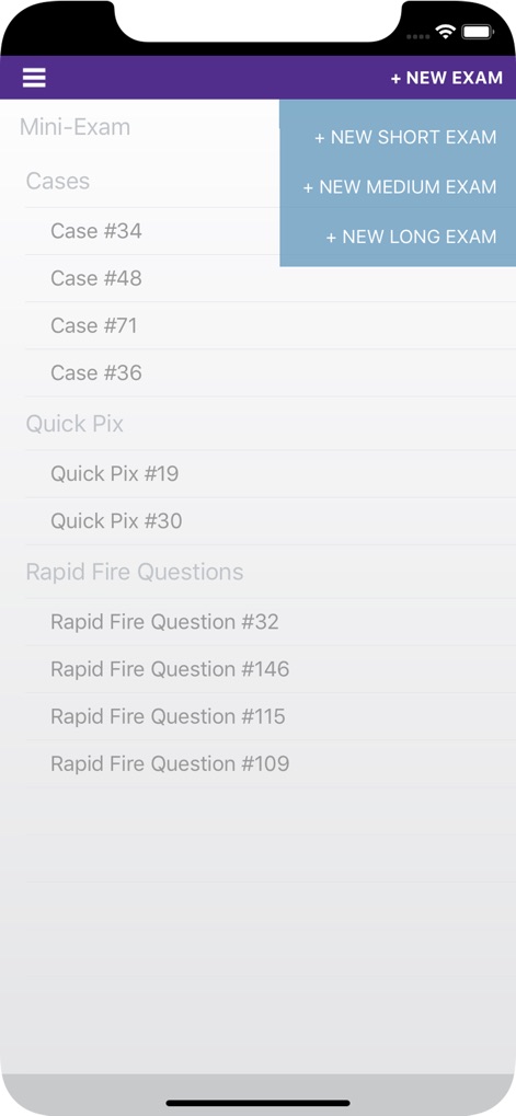 Family Medicine Study Guide - 이 앱은 'Mini-Exam' 모드를 통해 사용자가 'NEW SHORT EXAM' 또는 'NEW MEDIUM EXAM'을 선택하여 개인화된 시험을 생성하고, 학습 진행 상황을 평가할 수 있도록 합니다.