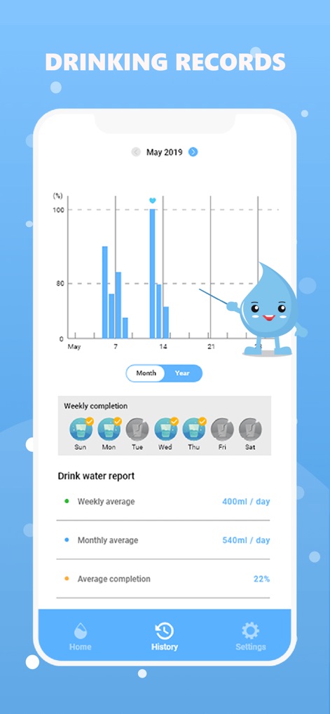 Drink water reminder - The app presents detailed drinking records through a clear monthly bar chart and a quick-view 'Weekly completion' summary for easy progress assessment.