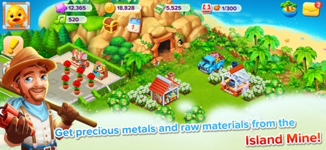 Family Farm Seaside - Unearth valuable resources within the island mine, revealing mining structures and a character with prospecting tools, emphasizing raw material collection.