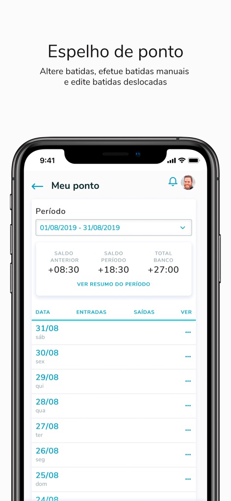 TOTVS My HR - 사용자는 이 화면에서 월별 근무 시간 현황을 확인하고, 각 일자의 출퇴근 기록 및 누적 근무 시간 잔액을 명확하게 파악할 수 있습니다.