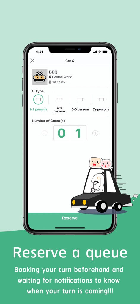 QueQ - No more Queue line - The app simplifies queue management, allowing precise selection of 'Q Type' based on group size and an adjustable 'Number of Guest(s)' counter.