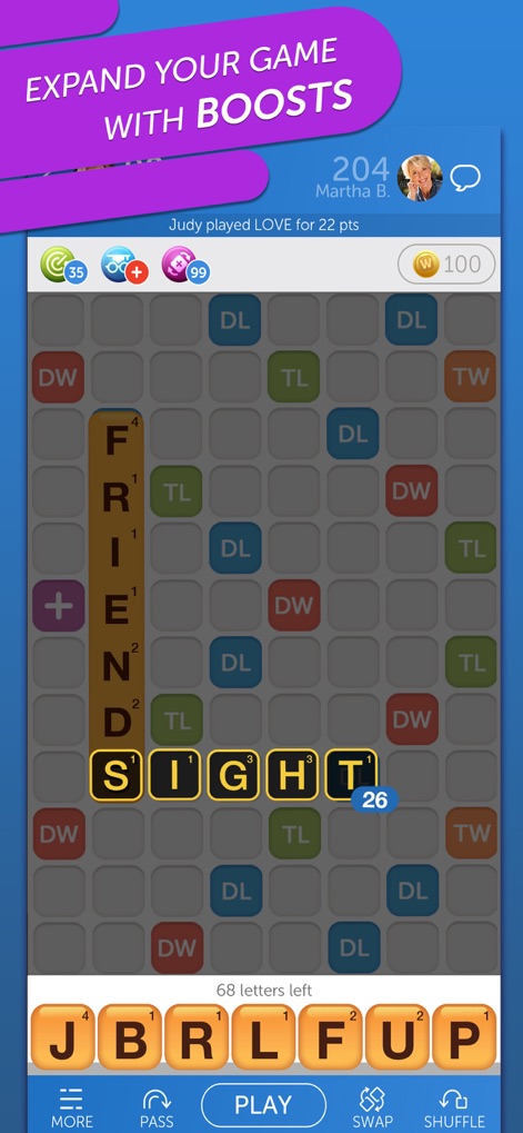 Classic Words With Friends - The app showcases its interactive game board where players strategically place words, complemented by in-game chat and opponent profile details.