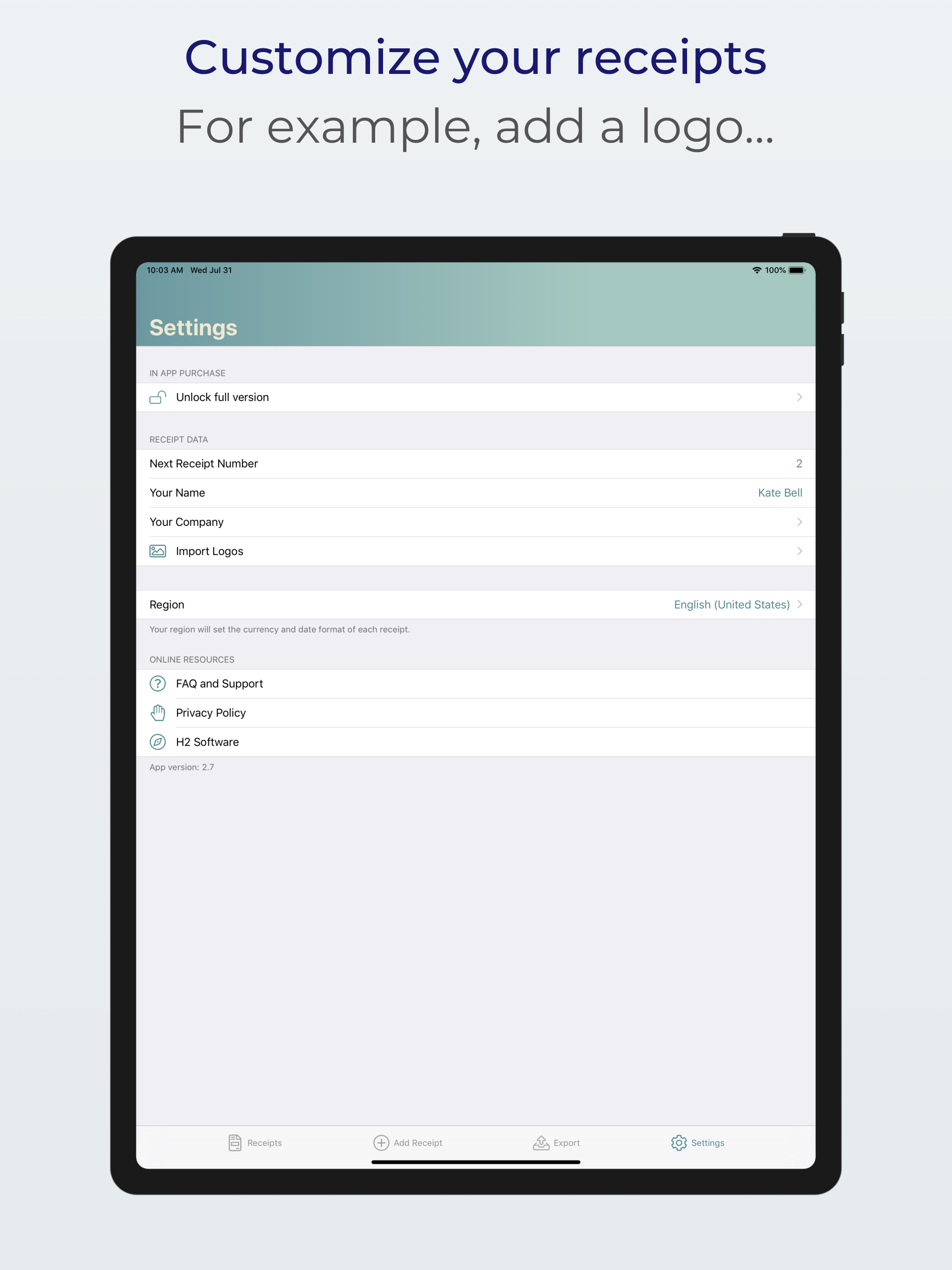 Receipts: create, print & mail
