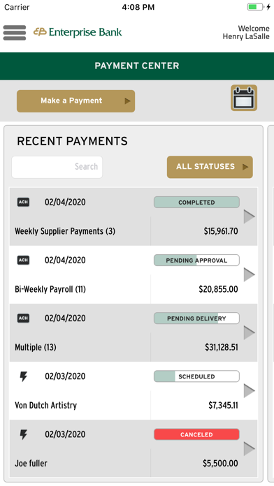 Enterprise Bank Business App Screenshot