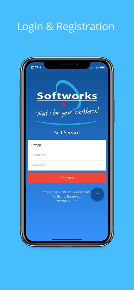Softworks Self Service App - La schermata di accesso garantisce sicurezza e semplicità, mostrando i campi per username e password, oltre a un chiaro pulsante di registrazione per i nuovi utenti.