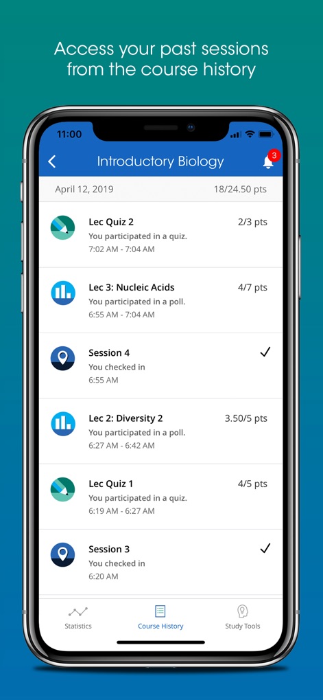 iClicker Student - The app provides a comprehensive log of past sessions, detailing participation points for quizzes and clear records of check-in attendance.