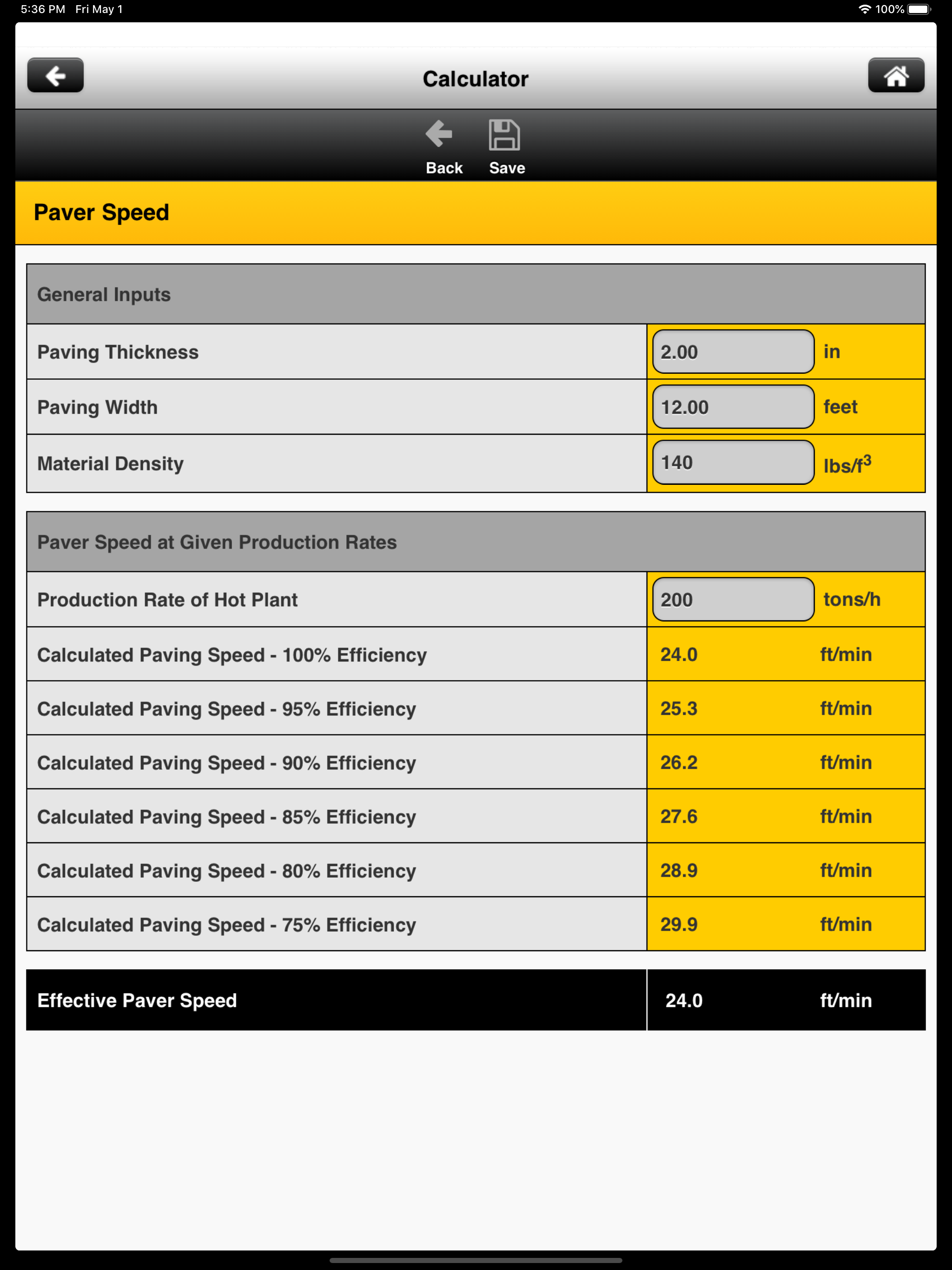 Caterpillar Paving Calculator