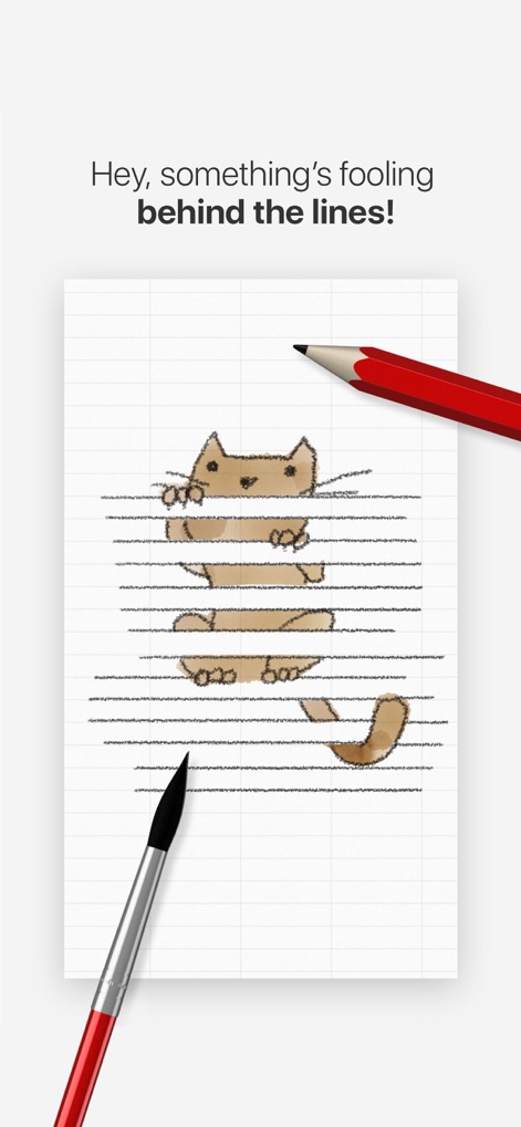 Tayasui Doodle Book - Scribble - This tool empowers engaging artistic effects, demonstrated by the playful "cat peeking through lines" and the readily available "red pencil and brush" tools.