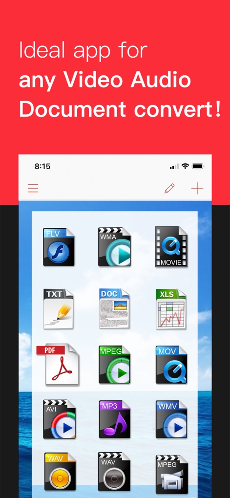 iConv - Video & PDF Converter - The app presents a visually organized grid of file icons, illustrating its broad compatibility across numerous video, audio, and document formats.