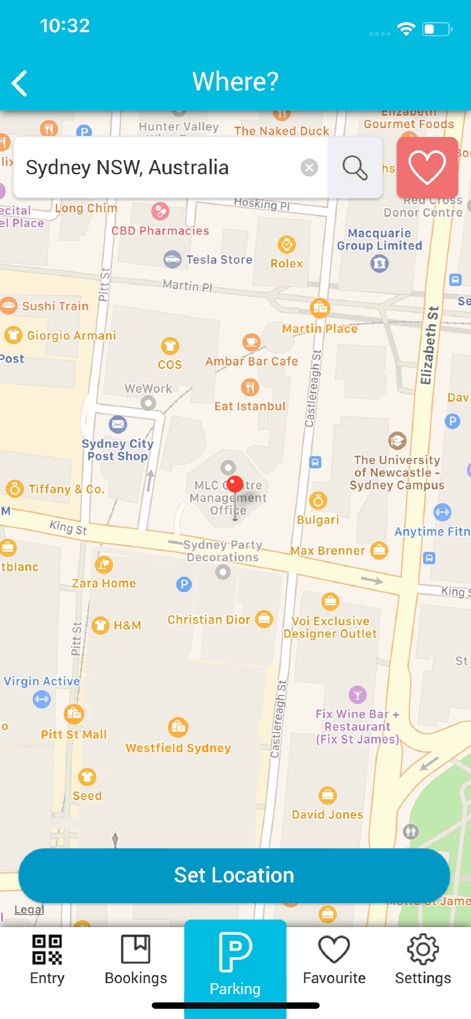 Divvy - Die App ermöglicht Nutzern eine präzise Standortsuche auf der Karte, wie beispielhaft durch die Eingabe von 'Sydney NSW, Australia', und die Bestätigung erfolgt über den klaren 'Set Location' Button.