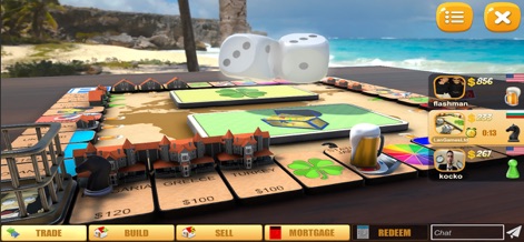 Rento - Online Dice Board Game - The app showcases its vibrant 3D game board set against a tropical beach, highlighting detailed property developments and player avatars with their current fortunes.