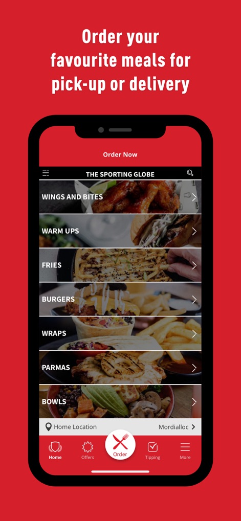 Sporting Globe - Los usuarios pueden explorar un menú completo para pedidos online, organizado por categorías como 'WINGS AND BITES' y 'BURGERS', facilitando la selección de sus platos favoritos con un claro botón 'Order Now'.