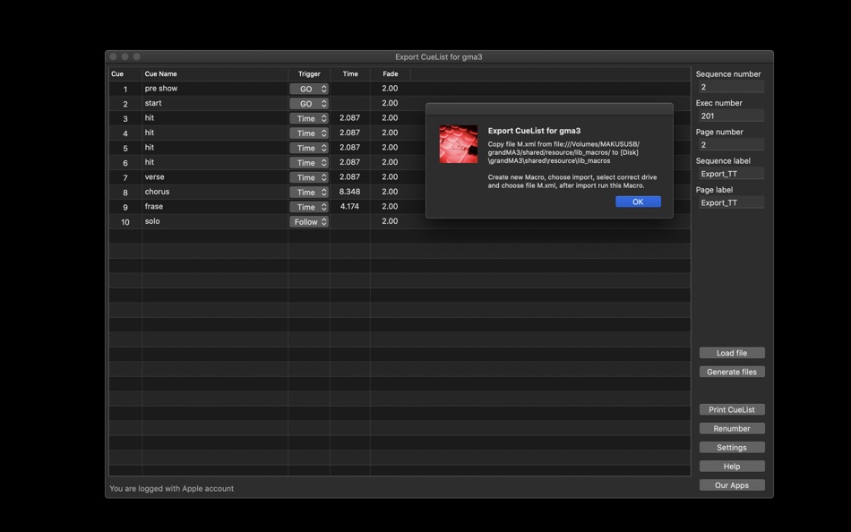 #4. Export CueList for gma3 (macOS) 由: OF COURSE Maciej Hofstede