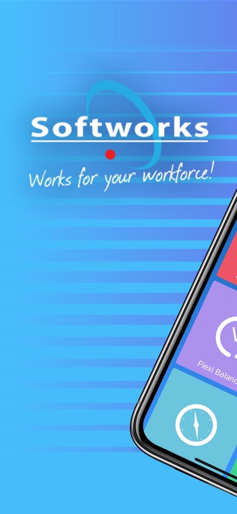 Softworks Self Service App - La schermata iniziale accoglie gli utenti con il chiaro logo Softworks e la tagline 'Works for your workforce!', evidenziando la filosofia dell'app e il suo focus sull'efficienza.