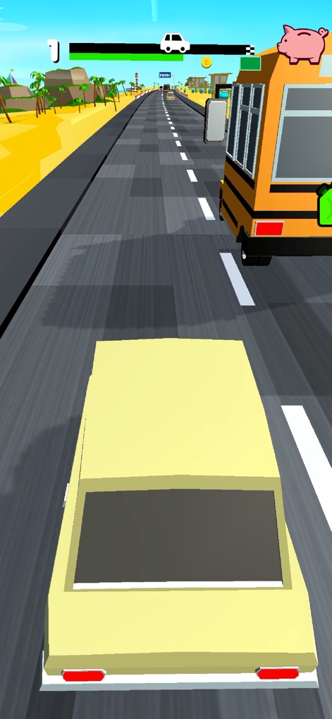 OverTake - Users navigate dynamic traffic, with the app displaying essential in-game HUD elements like the score counter and offering diverse obstacles such as a large bus to overtake.