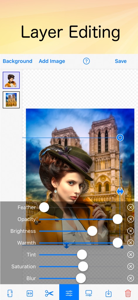 PhotoLayers - Delve into the app's intuitive layer editing interface, showcasing the ability to combine multiple images and granular color adjustment sliders for fine-tuning.