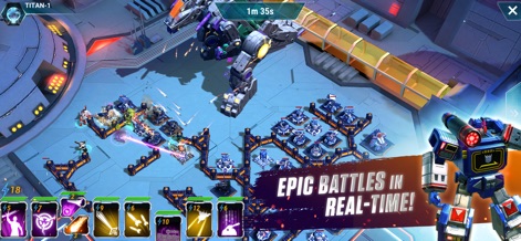 Transformers: Earth Wars - This tool highlights dynamic real-time battles with multiple attacking units and the strategic deployment of character abilities, featuring iconic Transformers like Soundwave engaging in combat.