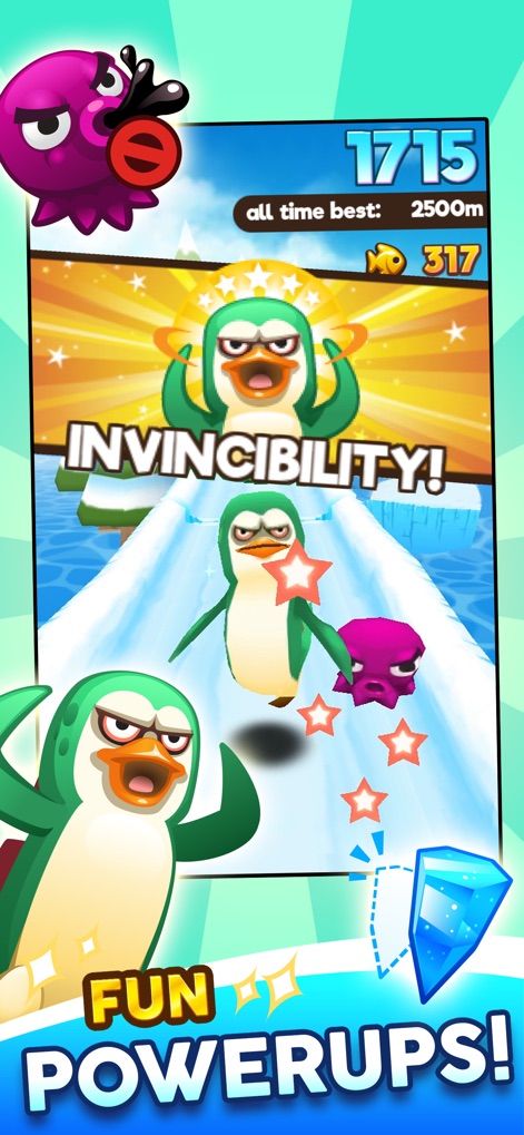 Super Penguins - Witness the excitement of the "Invincibility power-up" in action, allowing penguins to overcome obstacles with "lively animation" and smash evil octopuses for a higher score.