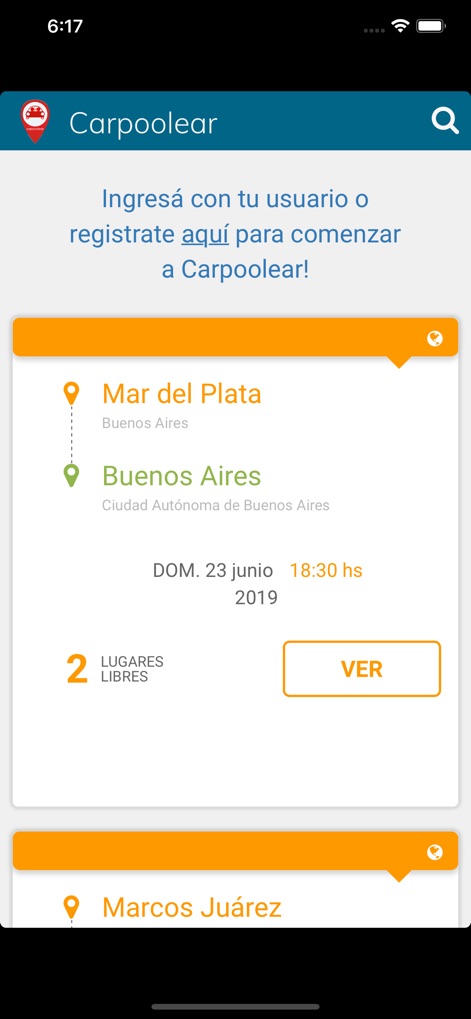 Carpoolear - Users can easily find shared journeys between cities like Mar del Plata and Buenos Aires, with clear details on available seats and departure times.
