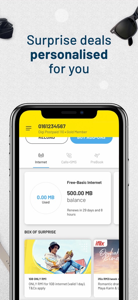 MyDigi Mobile App - La interfaz muestra ofertas personalizadas en la sección "BOX OF SURPRISE" y un desglose claro del uso de internet básico con 500.00MB de saldo disponible.