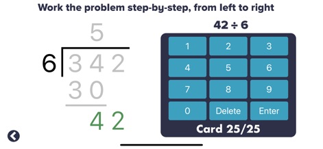 MathEdge Division for Kids - See how the app provides a step-by-step guide for long division problems and an intuitive number keypad for input.