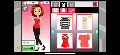 Fashion Story™ - The app empowers users to customize their character with diverse clothing options, selecting from various categories such as 'shirts' and 'pants', to express their unique fashion sense.