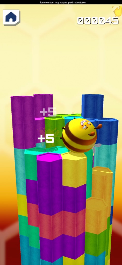 Budge GameTime - Em um mini-jogo hiper-casual, uma abelha estilizada salta sobre pilares coloridos e verticais, com a adição de pontos "+5" por interação, ilustrando a mecânica de jogo simples e gratificante.