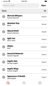 Pathfinder 2e Spell List screenshot