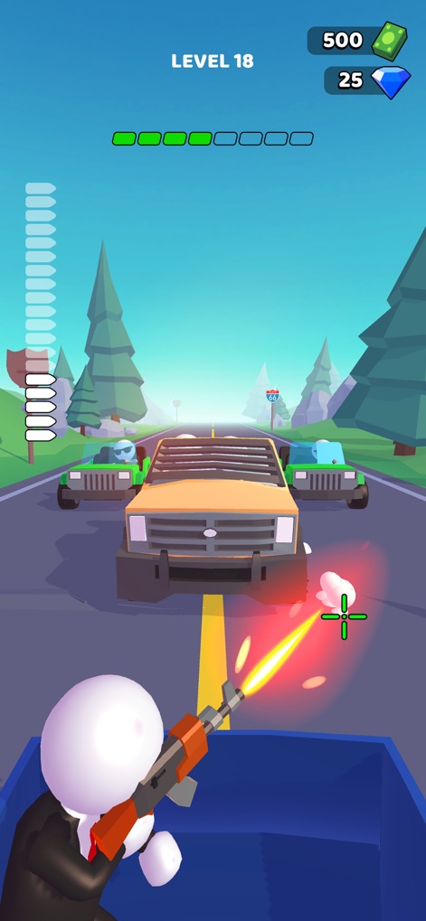 Rage Road - Car Shooting - See how the app showcases the player character engaging enemies from the back of a vehicle and displays the current level progression at the top.