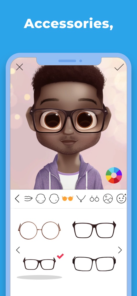 Dollify - Esta herramienta permite añadir complementos distintivos, como gafas de montura gruesa y opciones de montura redonda clásica, enriqueciendo la expresión del avatar con un toque personal.