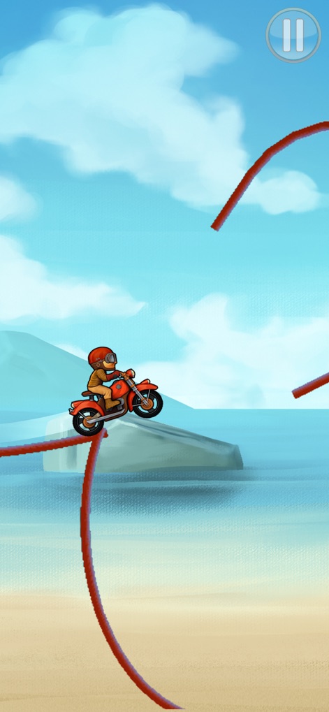 Bike Race: Free Style Games - Os visuais expõem os cenários diversificados, com a motocicleta navegando por uma pista suspensa sobre a água e uma paisagem costeira detalhada.