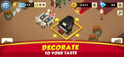 World Chef - このアプリでは、ユーザーはエレガントなグランドピアノなどの豊富な装飾品と、配置や移動を可能にするインタラクティブなUIを使って、レストランの内部を自由にカスタマイズできます。