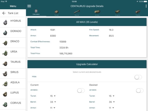 IFTUC Tank upgrade calculator screenshot 2