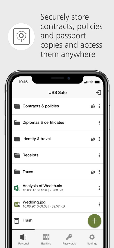 UBS Safe: Digital security - See how the app organizes various documents into intuitive categories like "Contracts & policies" and allows storage of diverse file types such as spreadsheets and images.
