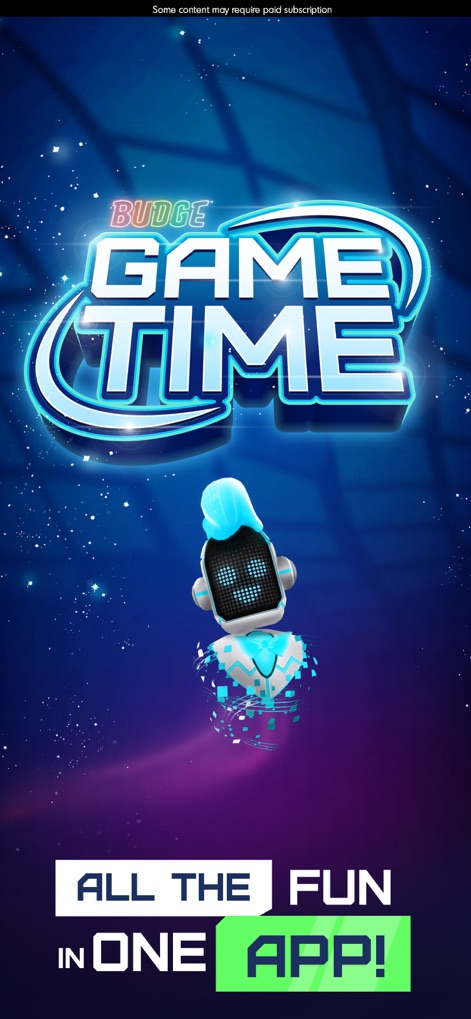 Budge GameTime - A tela de abertura do aplicativo, com o logotipo proeminente "Budge GameTime" e o mascote robótico de rosto amigável, comunica a proposta de ser um centro unificado de entretenimento.