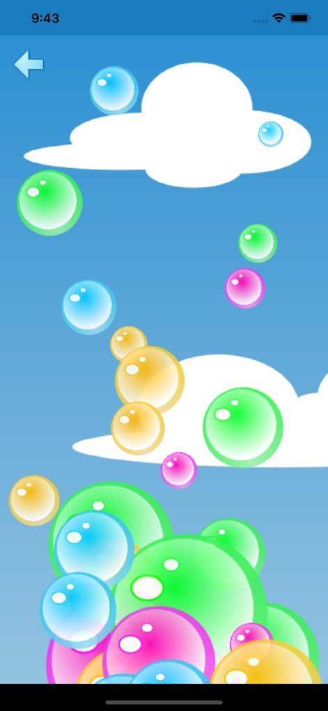 Popping Bubbles Game - Gli utenti possono ammirare le bolle multicolori che fluttuano verso l'alto su uno sfondo di cielo azzurro con nuvole bianche, illustrando l'interfaccia di gioco chiara.