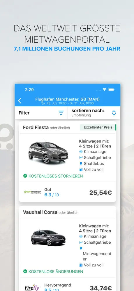 Rentalcars.com Mietwagen-App