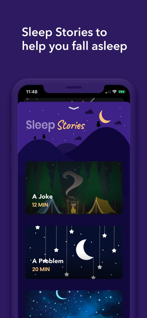 Present - Guided Meditation - Users can explore a curated collection of "Sleep Stories," each with clear duration information like "12 MIN" for "A Joke" and "20 MIN" for "A Problem" designed to induce calm.