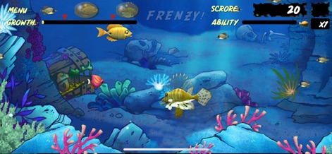 Let Me Eat : Feeding Frenzy - Dive into a rich underwater ecosystem, showcasing both intriguing wreckage elements and vibrant coral formations.