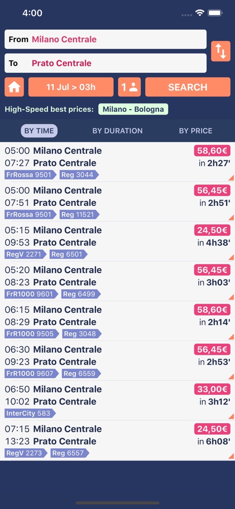 Trenìt! - find Trains in Italy - このアプリは、出発駅と到着駅の入力から、ソート可能な列車の時刻と料金のリストを明確に表示します。