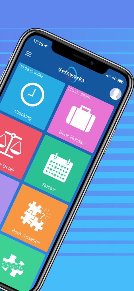 Softworks Self Service App - La dashboard presenta un'interfaccia chiara con le icone colorate che rappresentano le varie funzioni, permettendo agli utenti di accedere rapidamente a opzioni come il clocking e la prenotazione delle ferie.