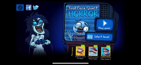 Troll Face Quest Horror - The app's main menu invites players into a world of parody, featuring a Ring-like character holding game controllers and the prominent game title displayed on a vintage TV screen.