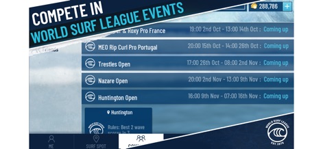 True Surf - The app presents a clear schedule of upcoming World Surf League events, detailing competition dates and 'Coming up' statuses.